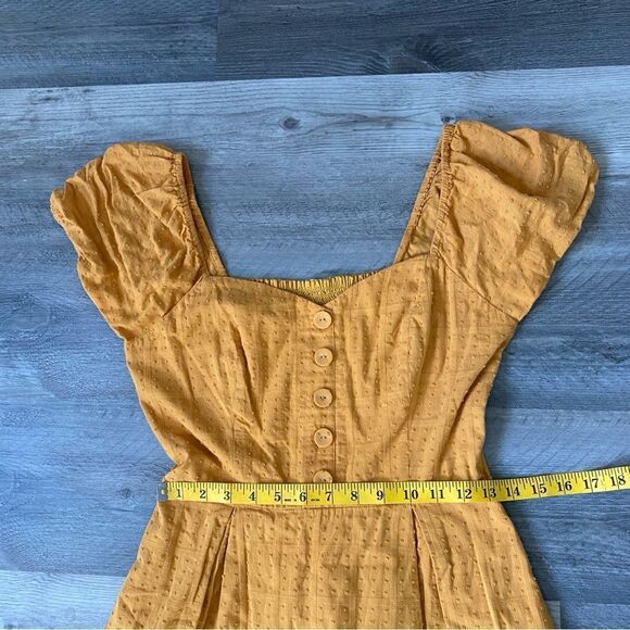 ModCloth Smocked Dress Mustard Yellow Embroidered Medium With Pockets Fe… - Picture 10 of 11